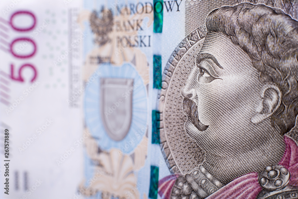 Five hundred polish zloty banknote crop – Jan III Sobieski portait. Macro shot. Shallow depth of field. SDF. - obrazy, fototapety, plakaty 
