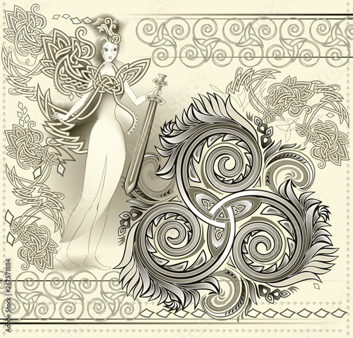 Fantastic Celtic ornament with triple spiral symbol and ancient medieval fairy holding sword. Beautiful Gothic Western Europe decoration. Printable pattern for modern print, Henna, Mehndi, tattoo.