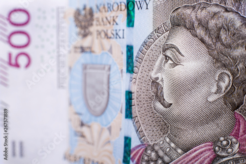 Five hundred polish zloty banknote crop – Jan III Sobieski portait. Macro shot. Shallow depth of field. SDF.