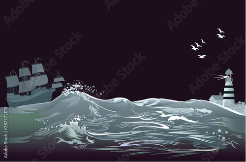 Fantasy background for poster for tourism company. Illustration of stormy sea waves with ancient sailboat Spanish galleon and lighthouse at night. Modern print. Vector cartoon image.