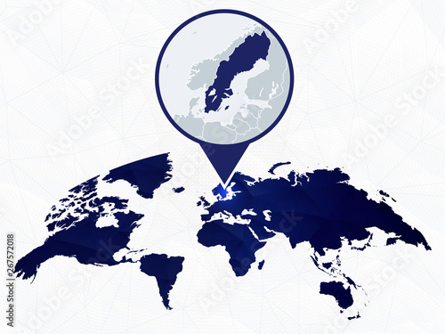 Sweden detailed map highlighted on blue rounded World Map.