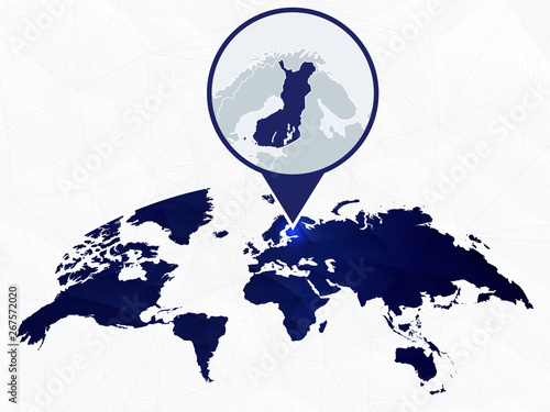 Finland detailed map highlighted on blue rounded World Map.