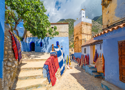 Street with souvenirs in Chefchaouen, Morocco, North Africa