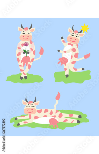 Cute happy cow with golden bell having fun, funny farm animal cartoon character