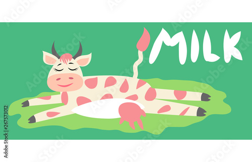 Cute happy cow with golden bell having fun, funny farm animal cartoon character