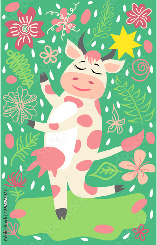 Cute happy cow with golden bell having fun, funny farm animal cartoon character