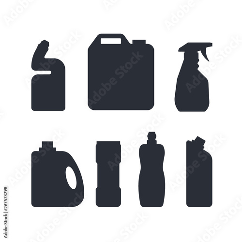 Set of cleaning tools in monochrome color, detergent and disinfectant products, household equipment for washing. Flat vector illustration isolated on white background