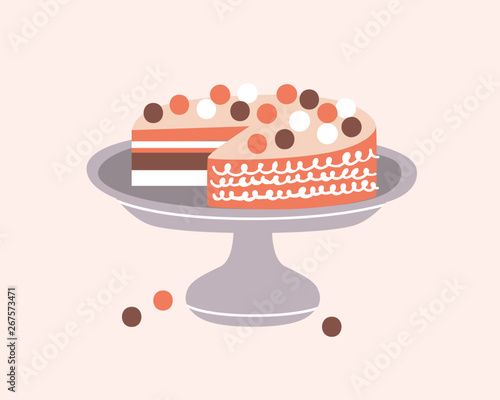 Delicious pie decorated with icing on cake stand isolated on light background