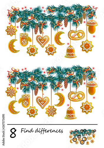 Logic puzzle game for children. Need to find 8 differences. Christmas decoration with cakes. Printable page for baby brain-teaser book or kids magazine publishing. Developing skills for counting.