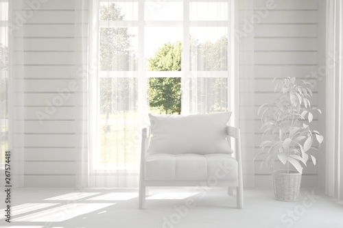 Mock up of stylish room in white color with armchair. Scandinavian interior design. 3D illustration © AntonSh