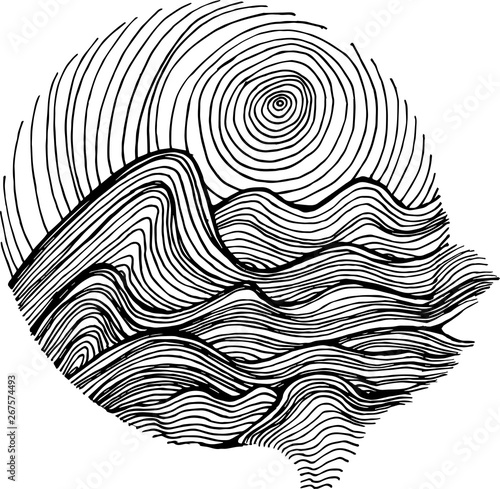 Black white illustration of sea waves and sky in hatching style.