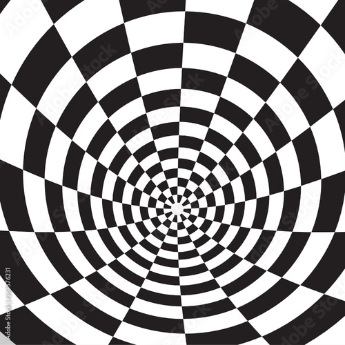 Black and white spirals of the rectangles radial expanding from the center  Optical illusion - chessboard swirl