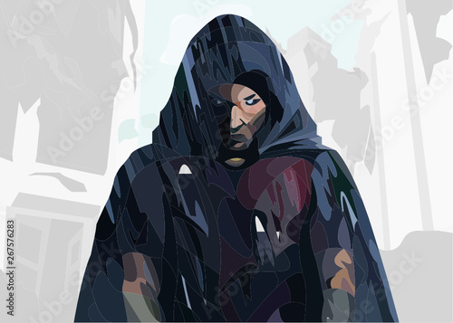 Mysterious man illüstration, Mysterious man vector design with destroyed city background EPS 10 Full vector.