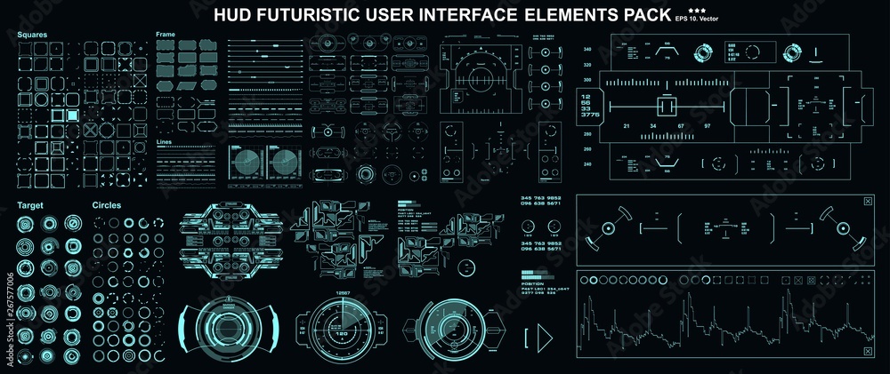HUD elements mega set pack. Dashboard display virtual reality technology screen. Futuristic user interface.