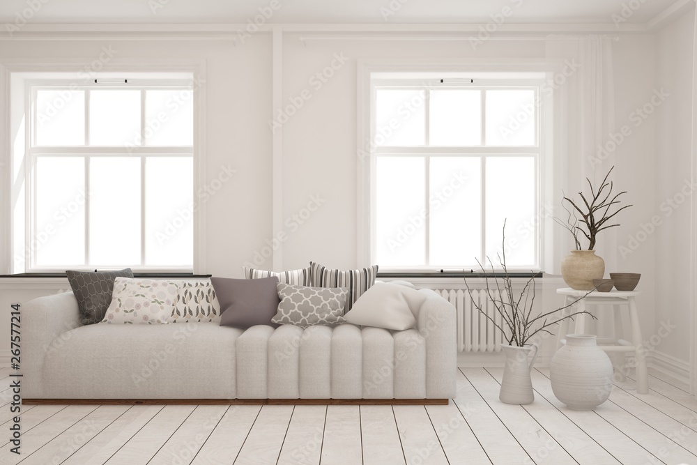 Fototapeta premium Stylish room in white color with sofa. Scandinavian interior design. 3D illustration