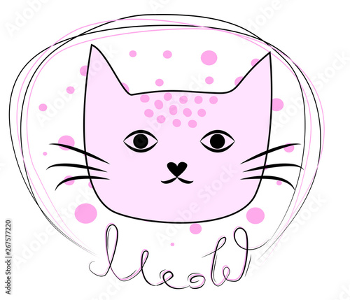 funny cat girl face in a flower chain, with text Meow. Isolated objects