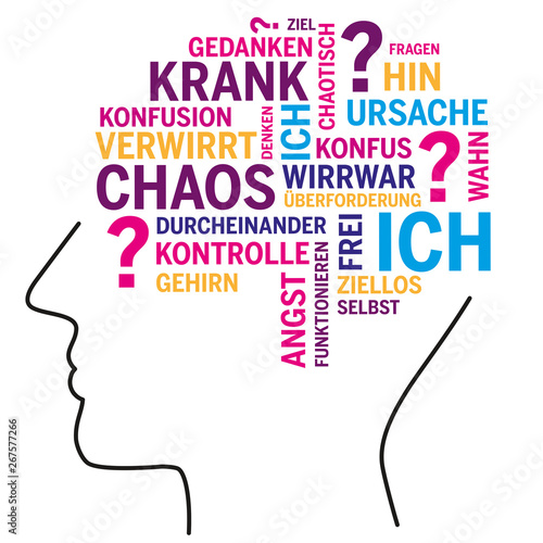 Kopf mit Wortwolke Chaos bunt