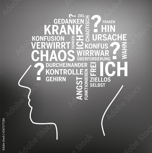 Kopf mit Wortwolke Chaos negativ