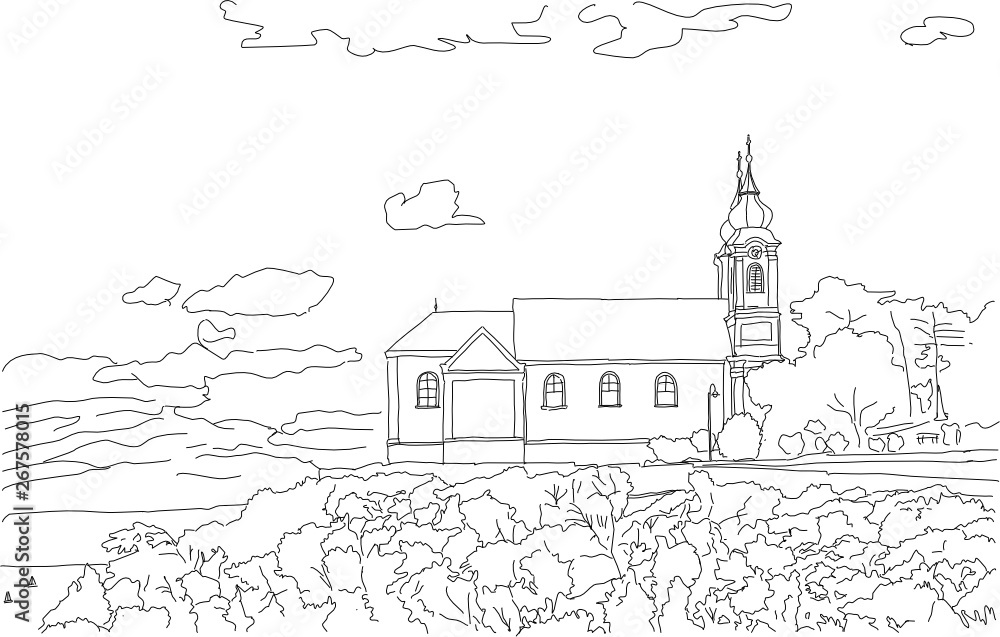 Tihany abbey at lake Balaton, Hungary. Hand drawn sketch vector illustration