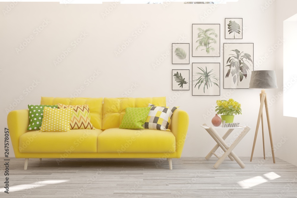 Obraz premium Stylish room in white color with sofa. Scandinavian interior design. 3D illustration