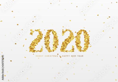 2020 New Year. Text of shiny golden confetti, tinsel sparkles with bright serpentine.
