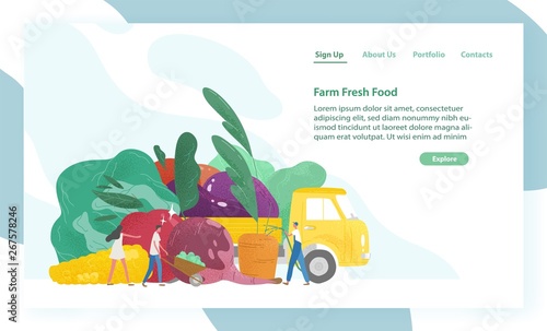Website template with giant vegetables, truck and tiny people or farmers. Organic fresh food. Agriculture or farm market, festival or fair. Flat colorful vector illustration for event advertisement.