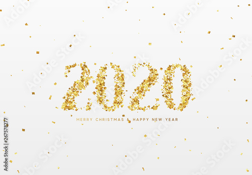 2020 New Year. Text of shiny golden confetti, tinsel sparkles with bright serpentine.