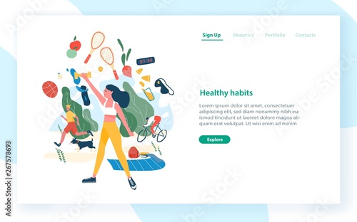Landing page template with people performing sports activities and wholesome food. Healthy habits, active lifestyle, fitness, dietary nutrition. Modern flat vector illustration for advertisement.