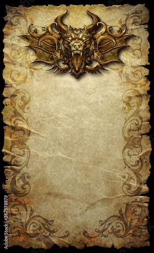 Obraz na plátně Fantasy scroll with gargoyle head ornament