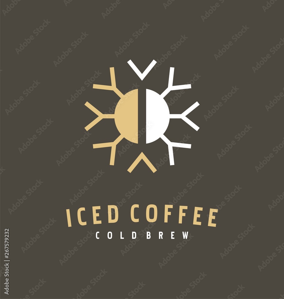 Coffee bean and snowflake logo design idea for iced coffee. Icon or symbol template for cold brewed drink. Vector emblem illustration.