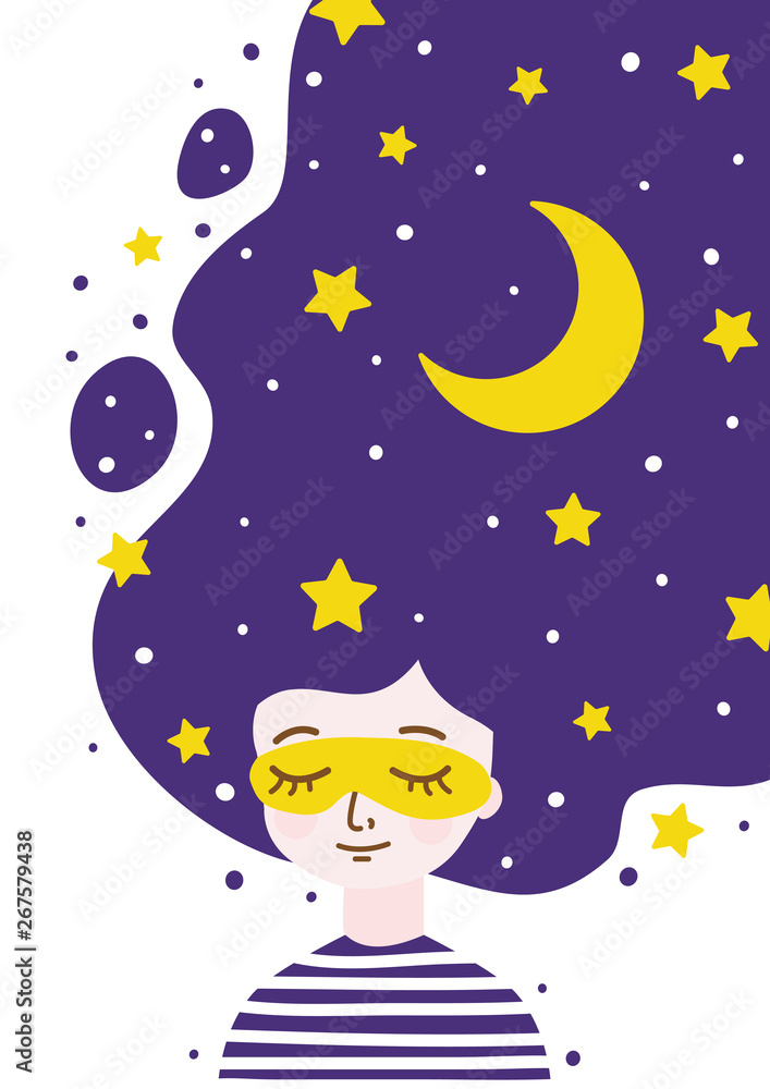 Girl with night sky in hair - concept of calm and sleep and tranquility
