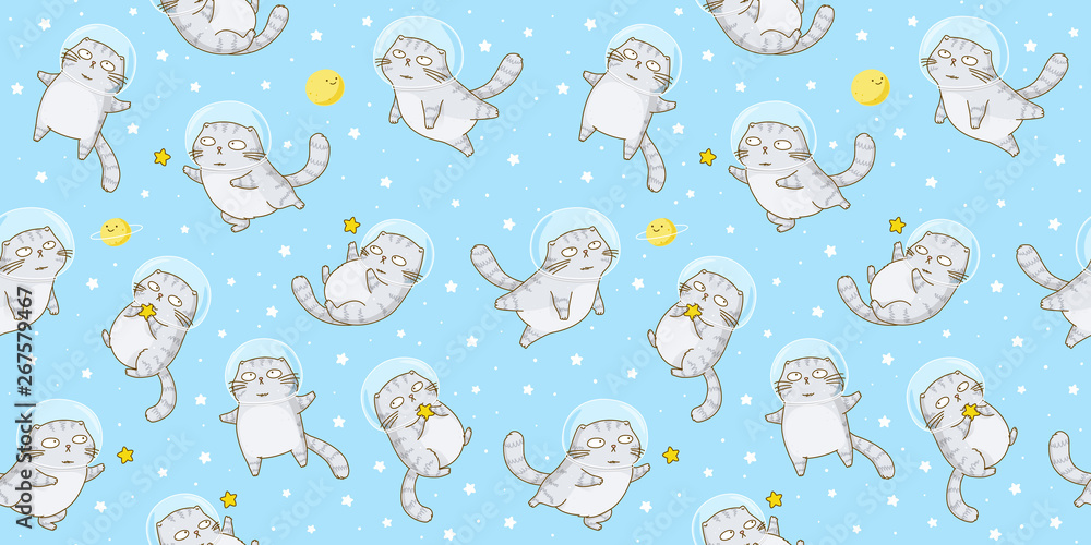 Seamless pattern with cute scottish fold cats astronauts on starry space background Seamless pattern with cute scottish fold cats astronauts on starry space background