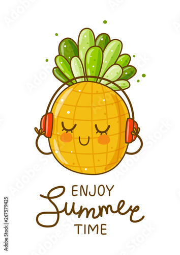 Cute pineapple character listening to music on headphones - summer greeting card
