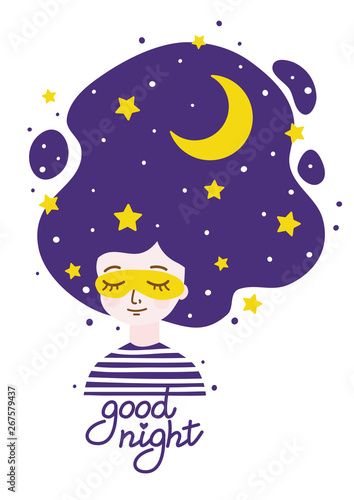 Girl with night sky in hair - concept of calm and sleep and tranquility