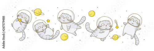 Set of cute scottish fold cats astronauts isolated on white background