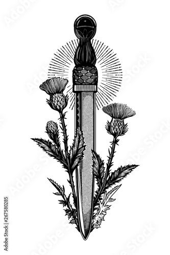 Traditional tattoo flash thistle with scotland dagger - dirk. Romantic flesh art festival poster. Scotland national symbol of honor and courage. Vector illustration isolated.
