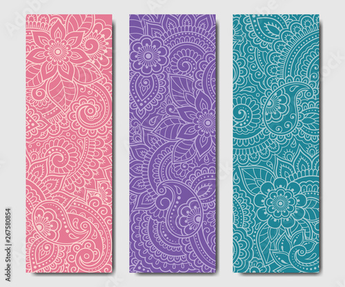 Set of design yoga mats. Floral pattern in oriental style for decoration sport equipment. Colorful ethnic Indian ornaments for spiritual serenity. Decor of business card, poster, print in henna tattoo