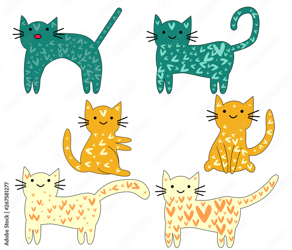 Naklejka premium Set of cute cats in simple design for kid's greeting card design, t-shirt print, inspiration poster.