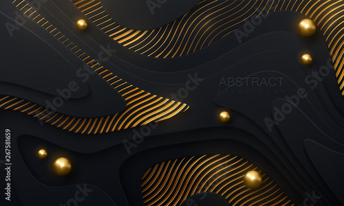Black paper cut background. Abstract realistic papercut decoration with wavy layers, spheres and golden engraved pattern. 3d topography relief. Vector topographic illustration. Cover layout template.