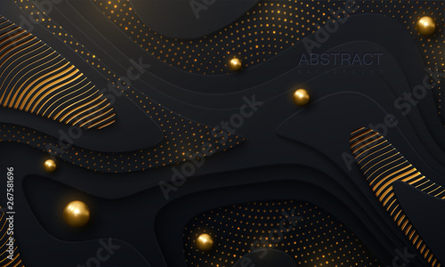 Black paper cut background. Abstract papercut decoration with wavy layers, golden glitters, wavy engrave pattern, spheres. 3d topography relief. Vector topographic illustration. Cover layout template.
