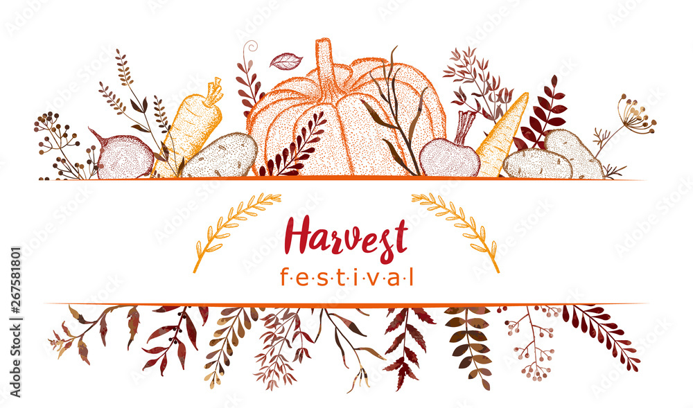 Harvest festival. Frame with vegetables. Pumpkin, carrots, potatoes, beets, leaves, twigs, flowers. Harvest festival. Frame with vegetables. Pumpkin, carrots, potatoes, beets, leaves, twigs, flowers.