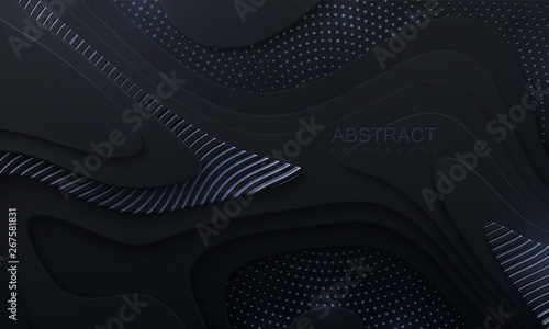 Black paper cut background. Abstract realistic papercut decoration with wavy layers, glitters and silver engraved pattern. 3d topography relief. Vector topographic illustration. Cover layout template.