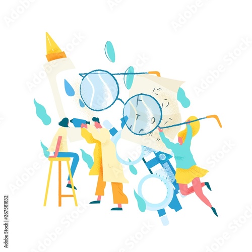 Ophthalmologist or optometrist examining eyes of female patient. Concept of visual acuity testing, eyesight check, ophthalmology service, medical vision diagnostics. Modern flat vector illustration.