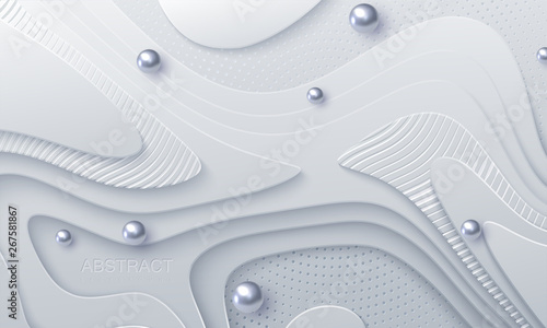 White paper cut background. Abstract papercut decoration with wavy layers, engraved striped pattern, silver particles. 3d topography relief. Vector topographic illustration. Cover layout template.