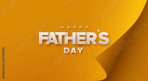 Happy Fathers Day. Modern cover design. Vector festive illustration. Paper letters sign on colorful paper sheet with curled corner. Minimal composition. Abstract background