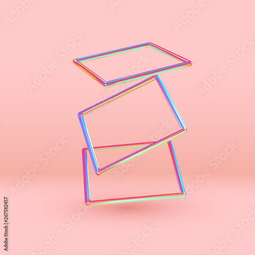 3d Rectangle shape objects. Minimal Abstract background with Gradient blue and pink color elements square frame levitation in space. Poster with realistic geometric volumetric shapes