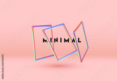 3d Rectangle shape objects. Minimal Abstract background with Gradient blue and pink color elements square frame levitation in space. Poster with realistic geometric volumetric shapes