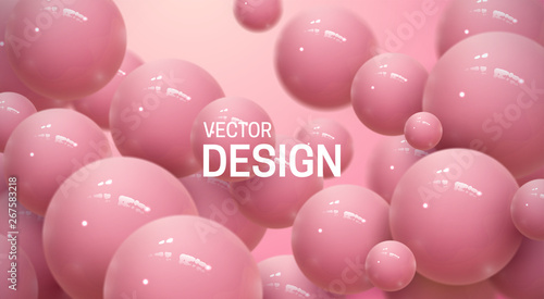 Abstract background with dynamic 3d spheres. Plastic soft pink bubbles. Vector illustration of glossy balls. Bouncing particles. Modern trendy banner or poster design