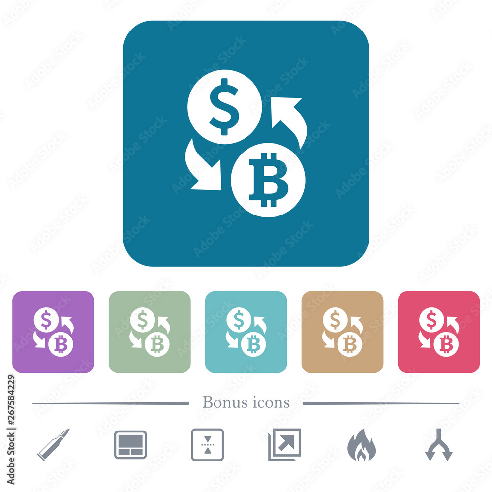 Dollar Bitcoin money exchange flat icons on color rounded square backgrounds Dollar Bitcoin money exchange flat icons on color rounded square backgrounds