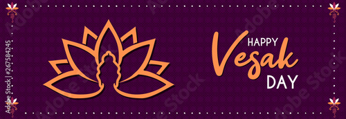 Happy Vesak Day banner of lotus flower and buddha